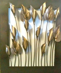 Silver tulips large vertical wall art - steel metal art colourful flowers wholesale